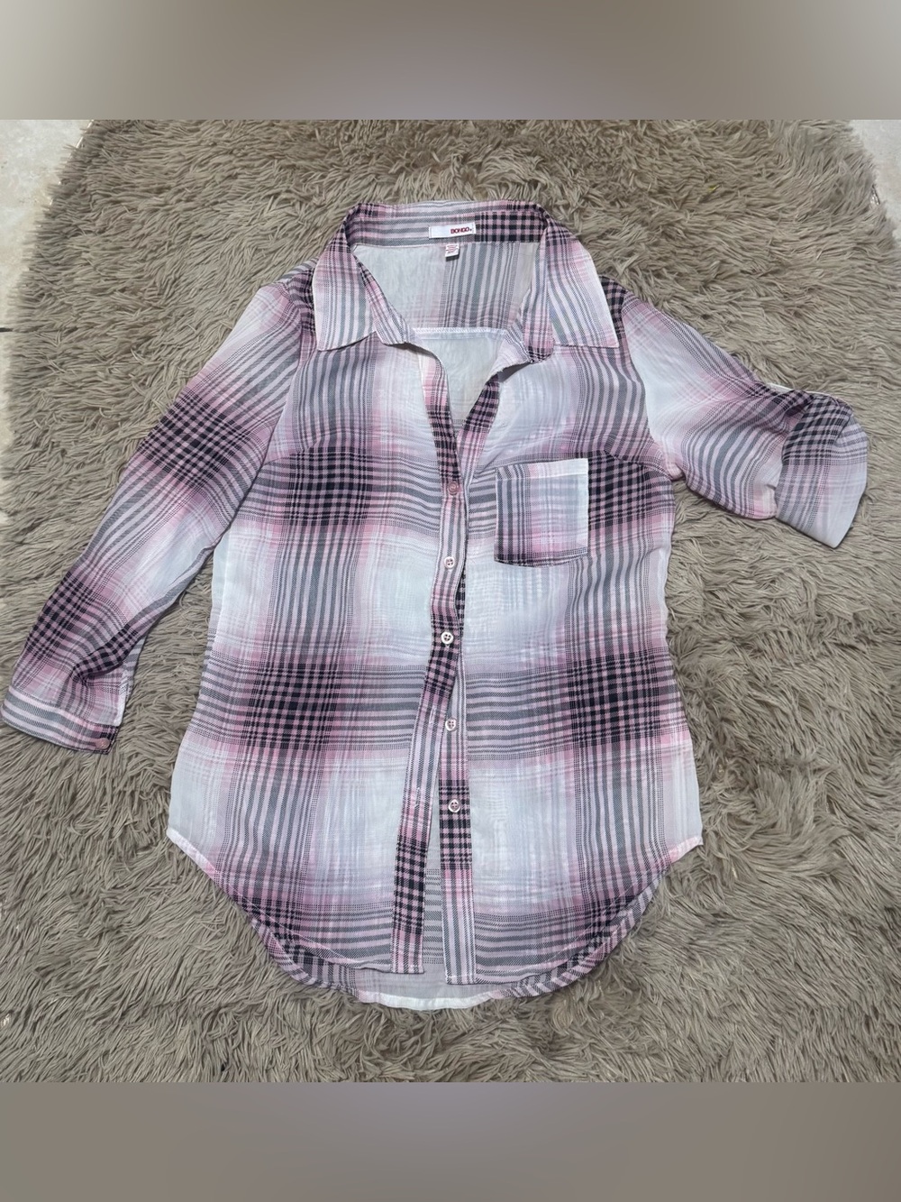 BONGO Pink and White Plaid Button-Up Blouse